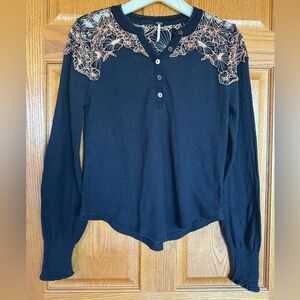 Free People Black Embroidered Button Top — Women’s Small